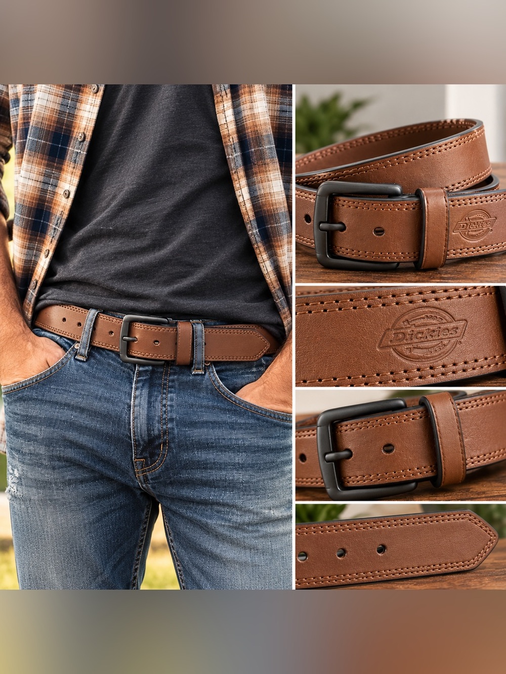 Dickies Men’s Brown Leather Casual Belt NWT Size 36 Black Buckle